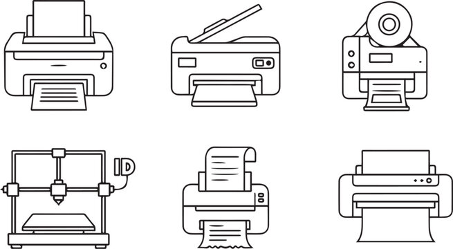 Modern Printer and 3D Printer Line Icons Set &ndash; Office Equipment Outline Illustration