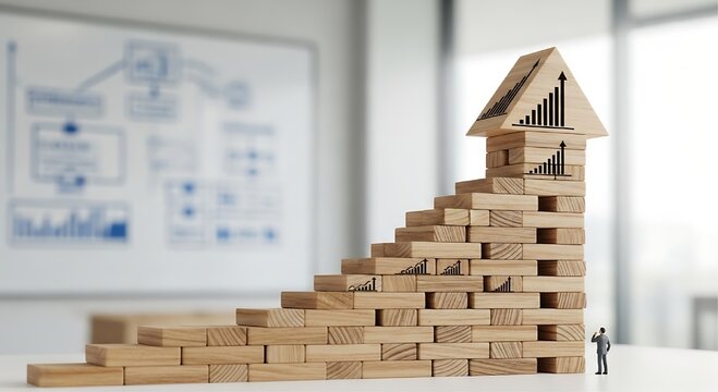 A miniature businessman figurine stands on a white desk looking up at a rising staircase of wooden blocks topped with a house shape.