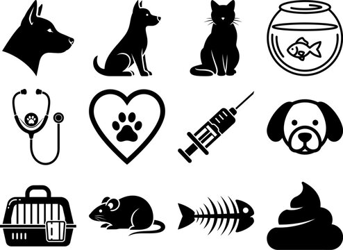 Black icons of pets and veterinary care on white background