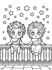 Obraz premium Charming Cherubs: Two cherubic figures, adorned in classical attire, perch gracefully upon a stone balustrade beneath a celestial canopy of stars. A heartwarming scene exuding innocence and charm.