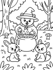 Fototapeta premium Whimsical Forest Brew: A charming illustration depicts a bear, adorned in a wizard's hat and robe, stirring a bubbling cauldron amidst the serene embrace of a whimsical forest.