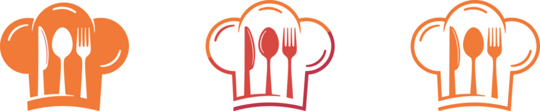 Chef hat outline logo vector set with fork spoon knife utensils, modern restaurant branding icons, culinary symbols, and minimal cooking design