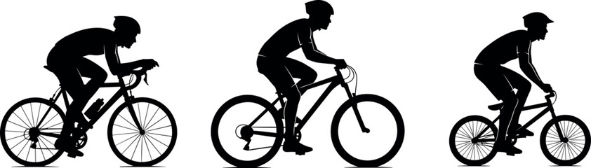 Naklejka premium Cyclist silhouette vector set with road bike riders, cycling sport action poses, outdoor fitness activity icons, and black minimal illustration collection