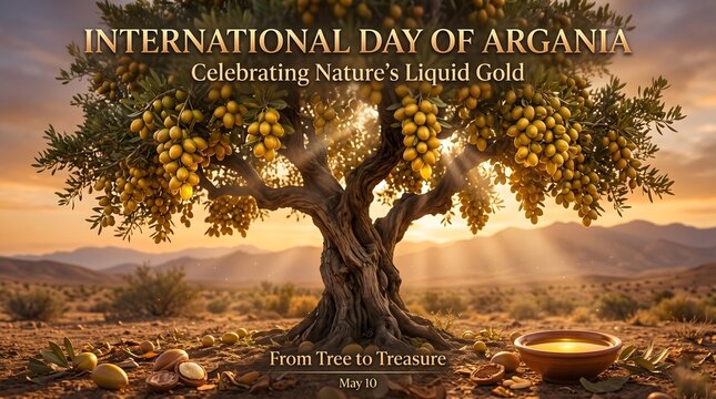 Argan tree laden with fruit in arid landscape at sunset celebrating nature's liquid gold