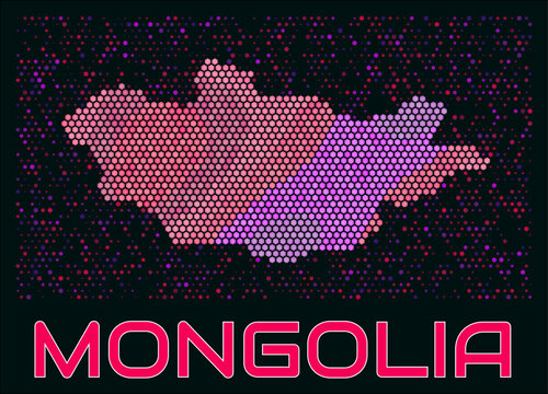 Mongolia digital style hexagon map. Vibrant magenta purple pink neon dotted shape. Country tiny bright hexagon cells. Mongolia honeycomb map design. Classy Vector Illustration.