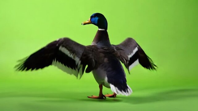 Mallard duck with wings spread wide, standing on green screen, isolated, motion, preening or preparing to fly