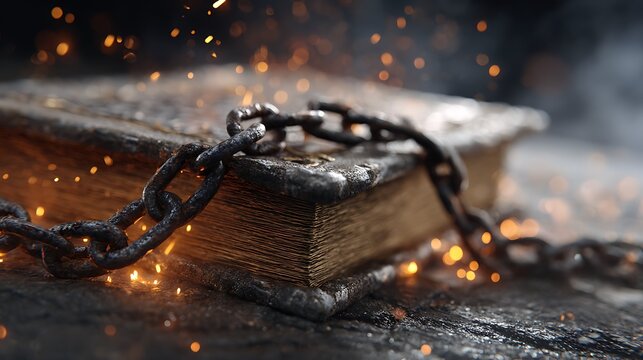 Ancient magic spellbook locked with heavy metal chain surrounded by fiery sparks and embers, dark fantasy background illustration