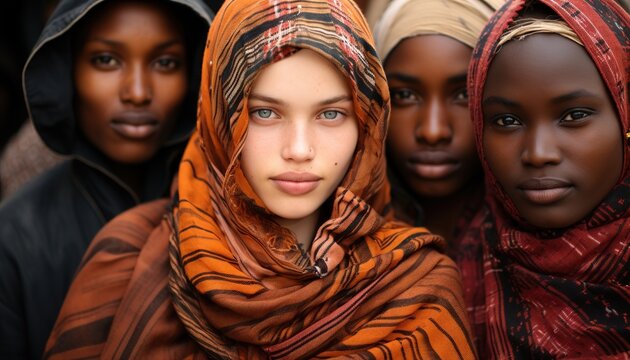 A group of diverse women wearing headscarves and looking directly at the camera