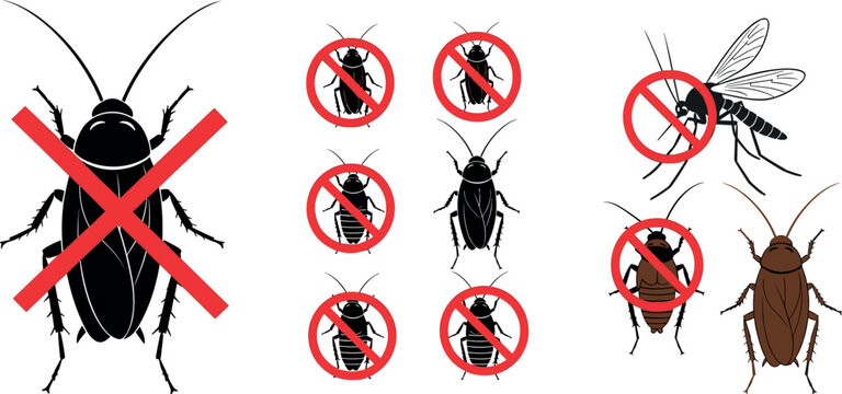 Pest control prohibition icons set featuring cockroach mosquito and insects with no symbol warning signs in flat vector illustration
