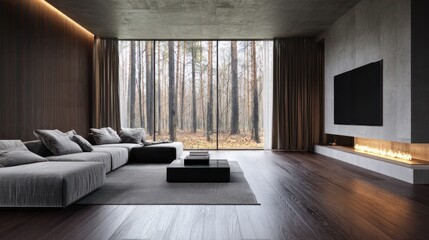 Naklejka premium Modern living room with a large window overlooking a forest and a fireplace