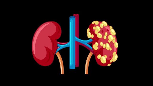 Animated medical illustration of polycystic kidney disease progression with magnifying glass inspection on black background.