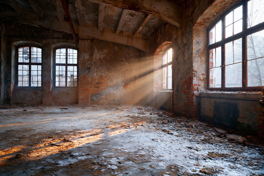 Sunlight pierces dusty, abandoned brick room. Beams cut through cracked windows, casting golden paths. Floor is littered with debris and remnants of decay