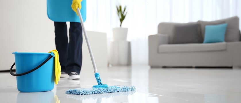 Person mopping a clean floor in a living room.