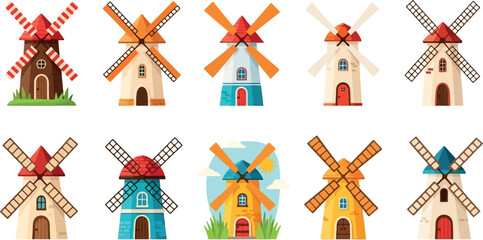 Colorful and Fun Windmill Illustrations with Various Designs for Rural, Farm, and Landscape Themes © Abul