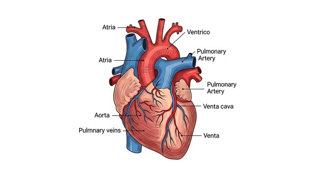 Detailed human heart anatomy diagram labeled.