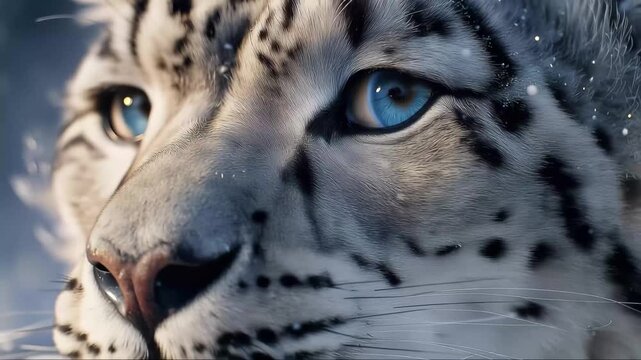 Close-up view of a snow leopard in a snowy environment showing bright blue eyes and distinctive fur patterns during a winter day