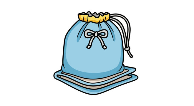 Blue drawstring bag with yellow ribbon and bow, on white background