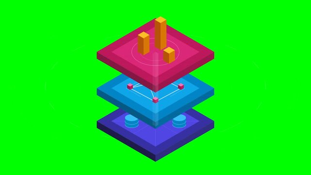 Isometric data layers infographic animation on green screen background