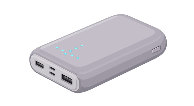 Gray power bank with blue LED indicators on white background