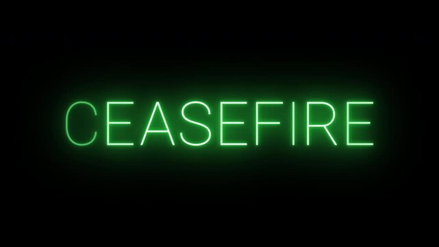Flickering neon green glowing ceasefire sign animated black background.