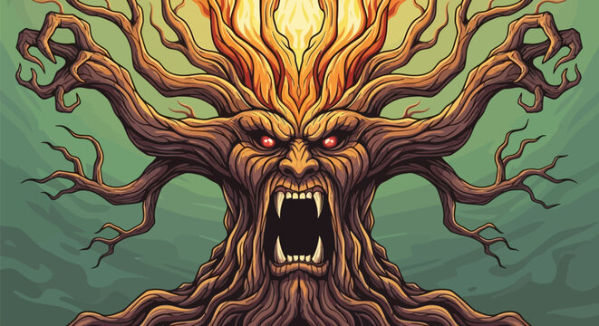 Ancient monstrous screaming tree creature with fiery crown and gnashing teeth. Mythical forest spirit illustration.