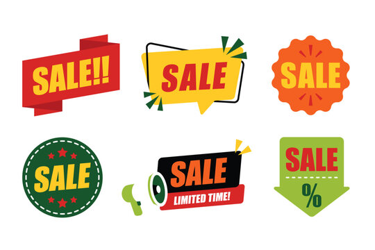Collection of colorful sale labels, discount badges, and promotional banners in various shapes and styles. Perfect for shopping campaigns, retail advertisements, price tags, posters, flyers.