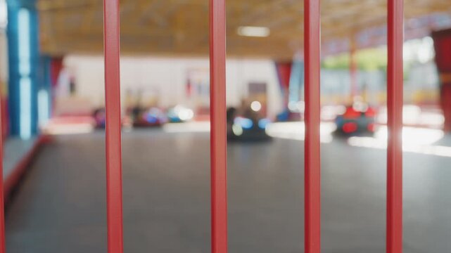 Fuzzy cars scene. Calm park with slowmoving vehicles. Misty bumper cars near red fence in peaceful surroundings. Gentle scene of stationary cars and empty arena under dim lighting ambiance