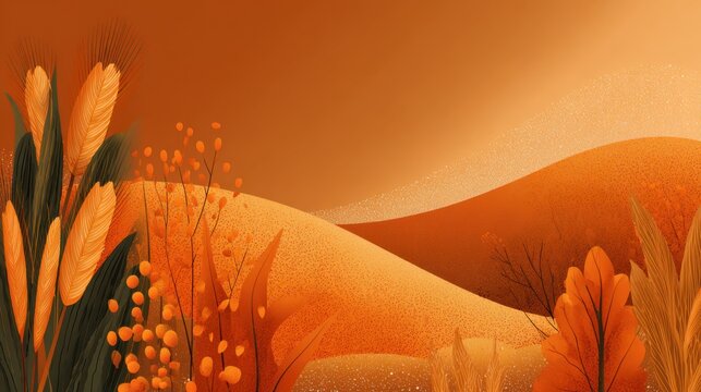 Autumnal Landscape of Serenity: An artistic depiction of an autumn landscape, capturing the essence of the season with golden hues, rolling hills, and delicate flora, evoking a sense of tranquility.