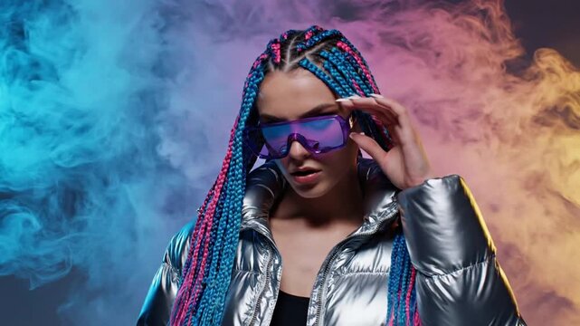 Woman with vibrant blue and pink braids wearing large purple sunglasses and a metallic silver jacket posing against a backdrop of colorful swirling neon smoke and atmospheric lighting.