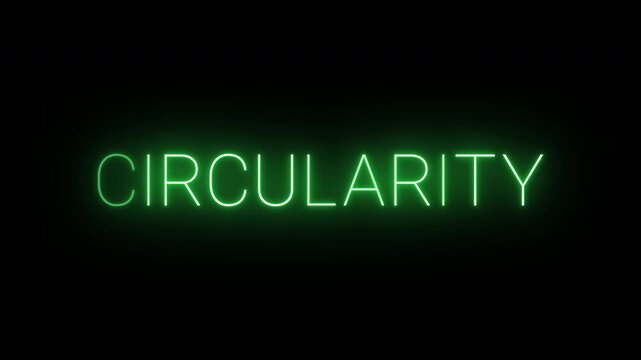 Flickering neon green glowing circularity sign animated black background.