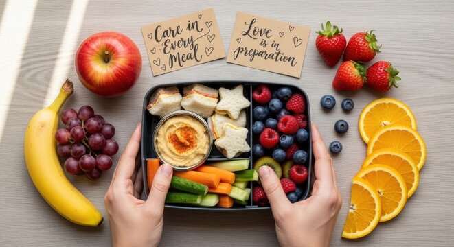 Hands holding a lunchbox with fruits and vegetables on a table