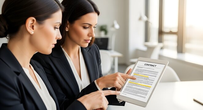 Professional women reviewing contract documents on tablet device