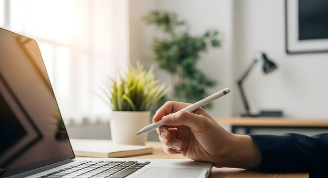 Professional working at laptop with pencil on desk