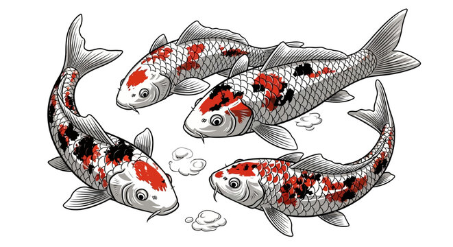 Four colorful Japanese Koi fish illustration. Decorative elegant swimming carp in a circular arrangement, traditional Asian art.