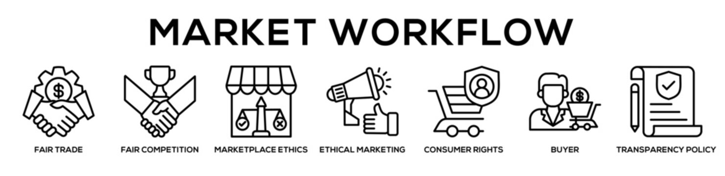 Market Workflow web banner icon illustration concept