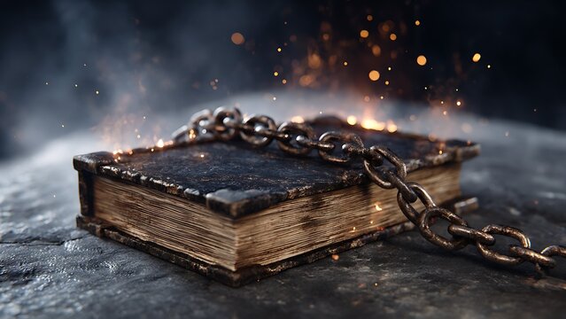 Ancient magic spellbook locked with heavy metal chain surrounded by fiery sparks and embers, dark fantasy background illustration