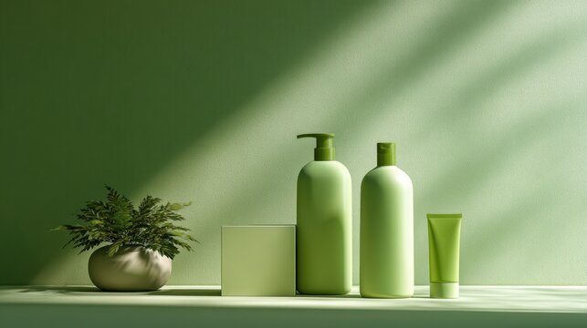 Minimalist Green Product Display: A serene composition featuring sleek green bottles and a small potted plant arranged against a monochromatic green backdrop.