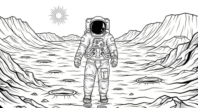 Astronaut in a space suit exploring a barren moon landscape with craters and mountains, black and white line art illustration of cosmic adventure.
