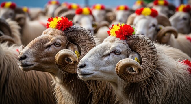 Closeup of two rams with large curled horns wearing festive red and yellow flower crowns in a flock of sheep