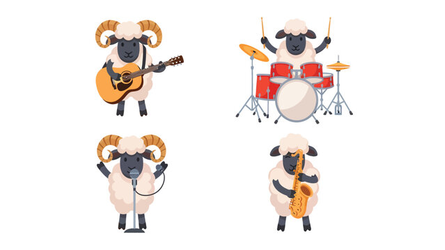 Cute Cartoon Sheep Band Playing Musical Instruments: Guitar, Drums, Vocals, Saxophone. Animal Musicians Performance Set