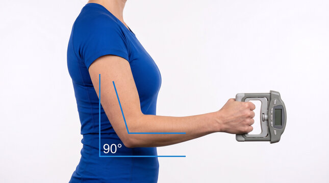 Woman in Blue Shirt Performing Hand Grip Strength Test with Dynamometer at 90 Degree Elbow Angle