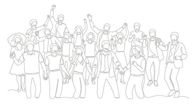 Diverse Group of People Celebrating Together, Line Art Style