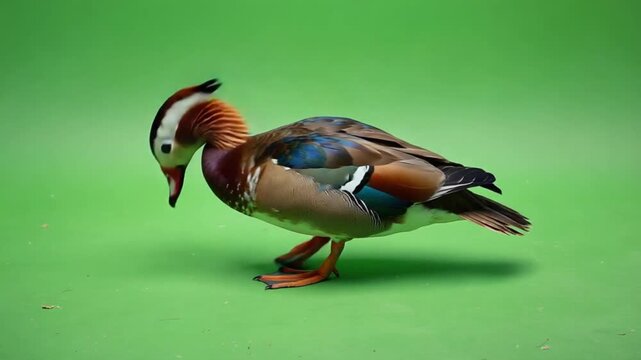 mandarin duck standing on vibrant green grass in soft natural lighting