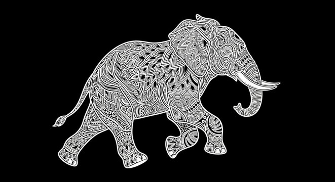 Intricate White Elephant Illustration with Ornate Patterns on Black Background. Elegant Decorative Wildlife Graphic Art.