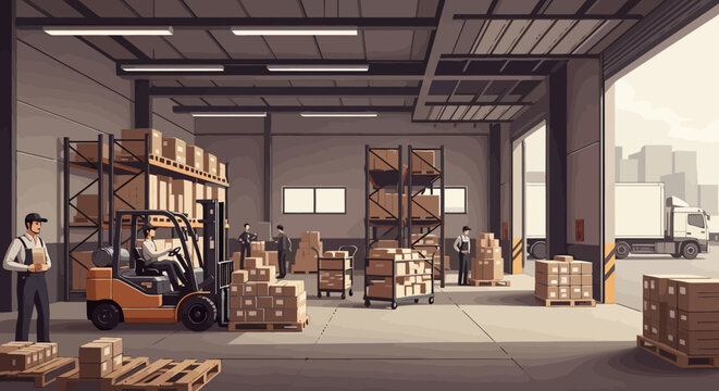 Forklift operator moving boxes in a busy warehouse with other workers.