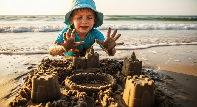 A young boy excitedly gestures towards a detailed sandcastle on a sunny beach.