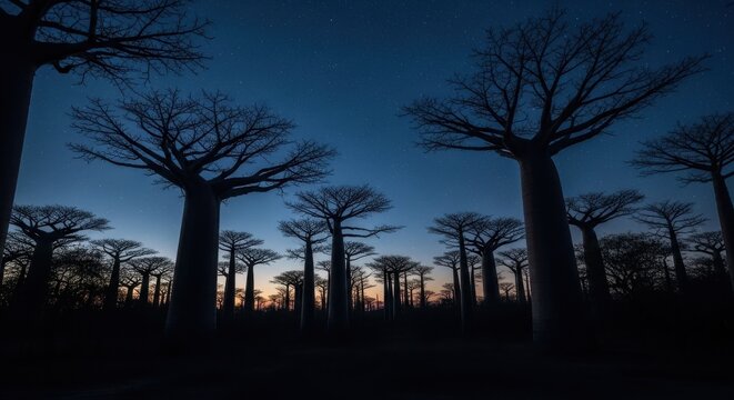 Baobab trees stand tall in silhouette against a vibrant evening sky at dusk.