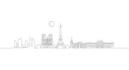 Fototapeta premium Paris skyline outline, Eiffel Tower, Notre Dame, Louvre, clean minimalist vector