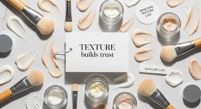 Makeup brushes and cosmetics arranged on a surface with texture builds trust