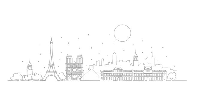 Paris skyline outline, Eiffel Tower, Notre Dame, Louvre, city landmark, travel, France